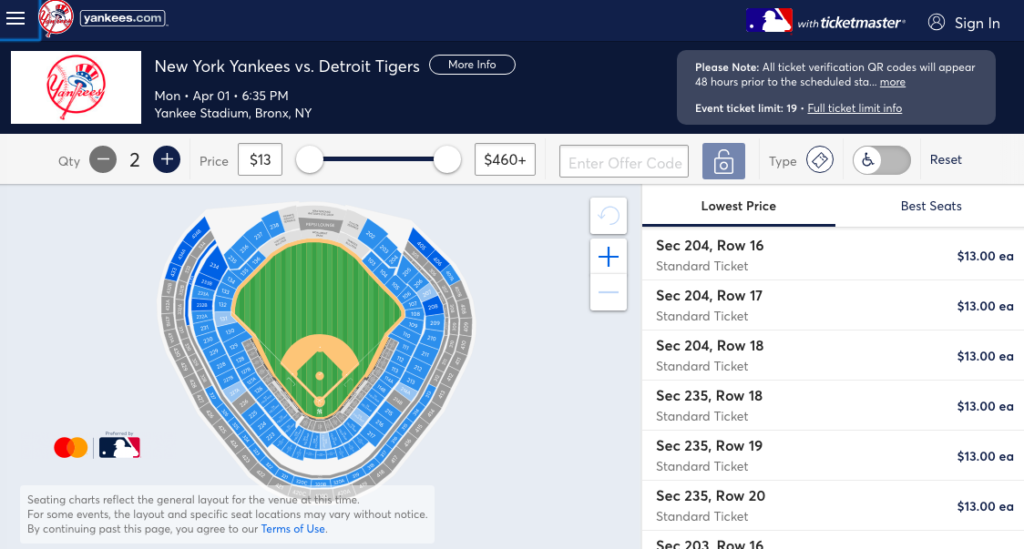 MLB公式チケットサイトのUI。細かい座席指定が可能。